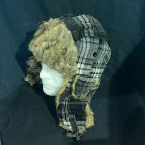 NWT Gray & Black Trooper Plaid Bomber faux fur Aviator Hat one size unisex